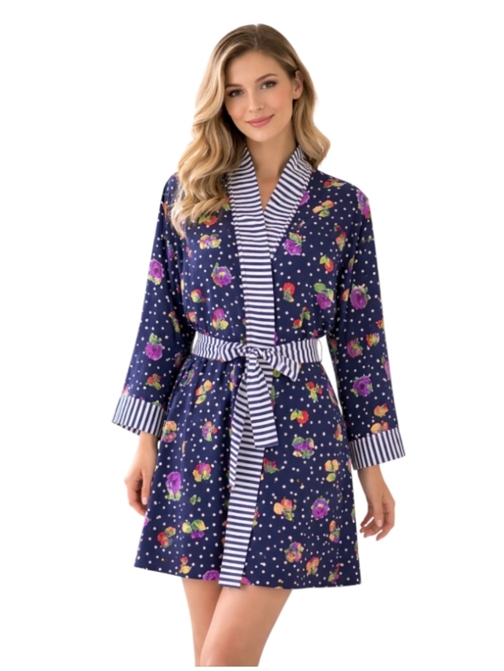 Victoria's Secret Vintage Gold Label Navy Floral Stripe Polka Dot Robe One Size